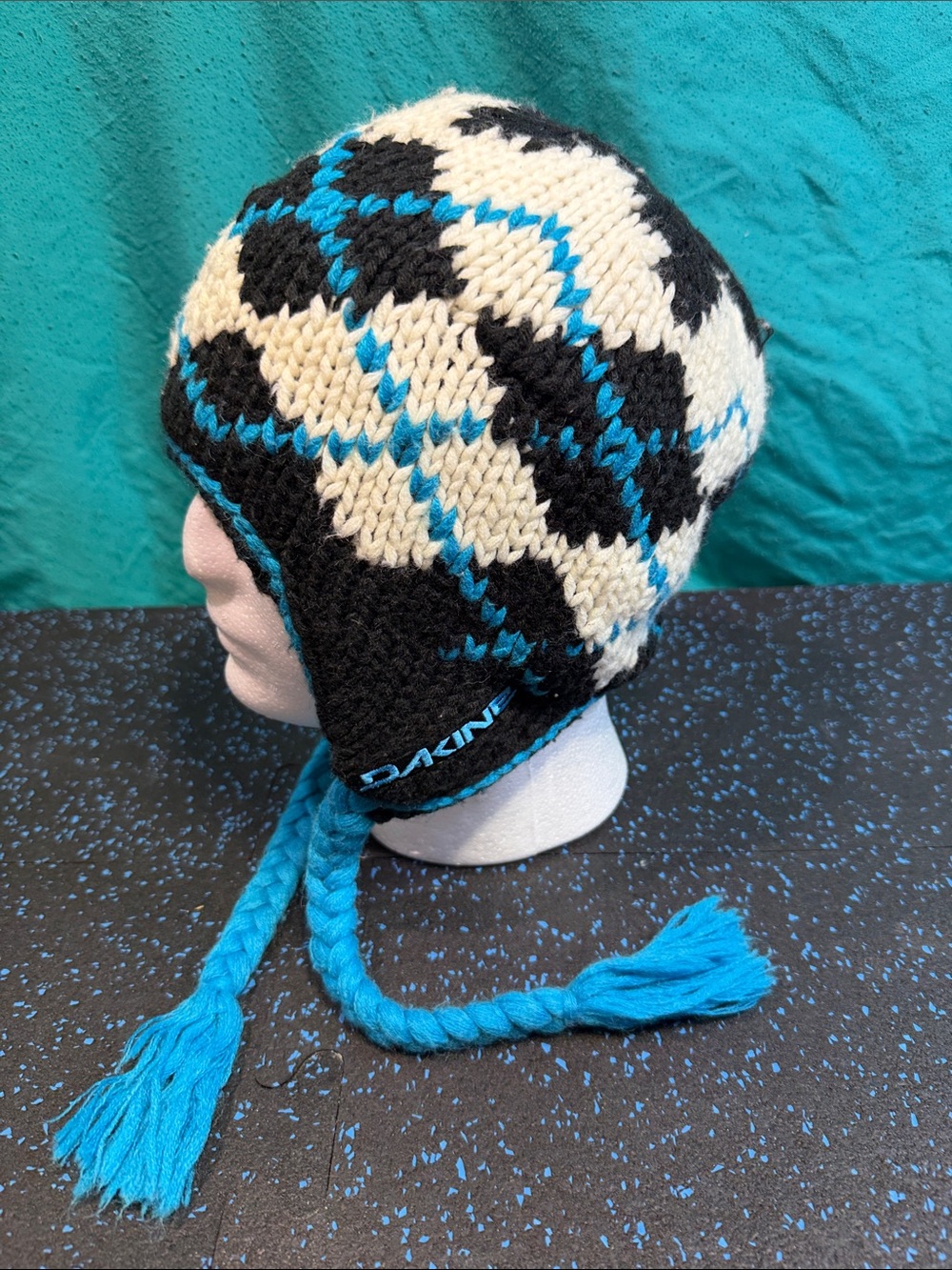Dakine Black Blue Cream Knit Earflap Beanie